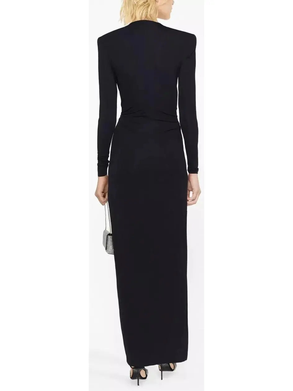 Plunge-Neck Draped Gown, Black - Branna Couture