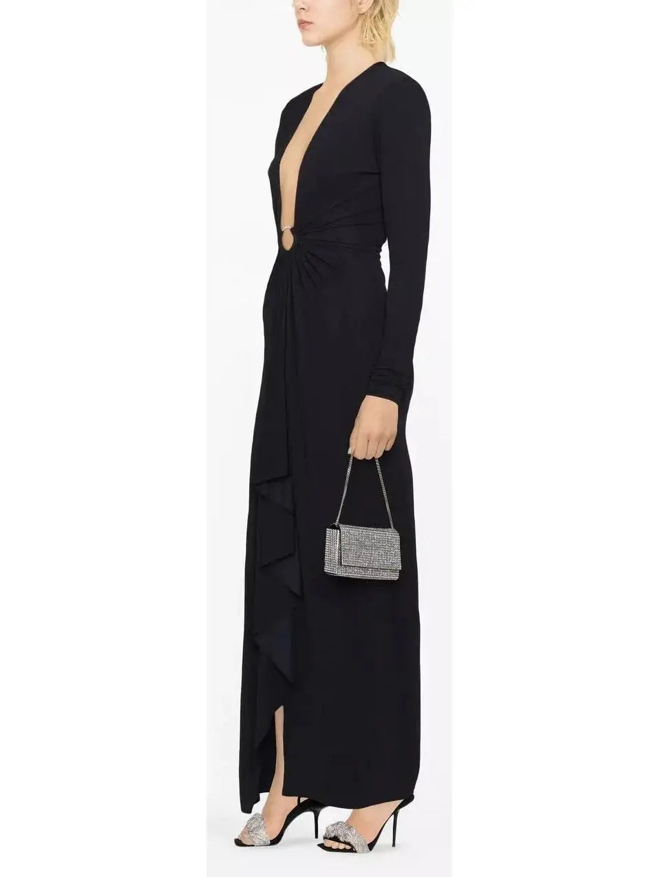 Plunge-Neck Draped Gown, Black - Branna Couture