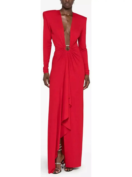 Plunge-Neck Draped Gown, Red - Branna Couture