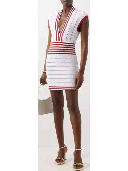 Plunge Striped Knit Mini Dress - Branna Couture