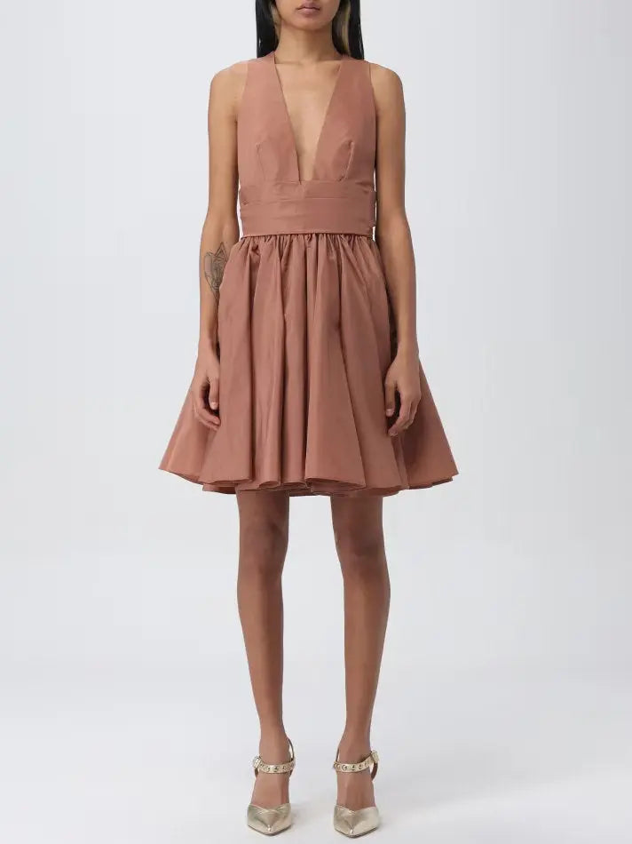 Plunging V-Neck Short Sleeveless Taffeta Dress - Branna Couture