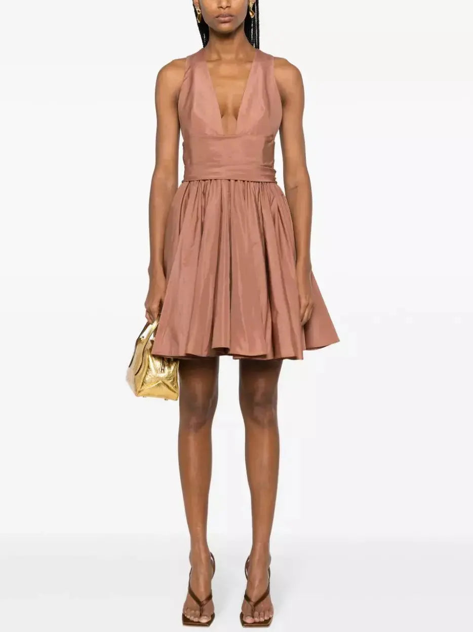 Plunging V-Neck Short Sleeveless Taffeta Dress - Branna Couture