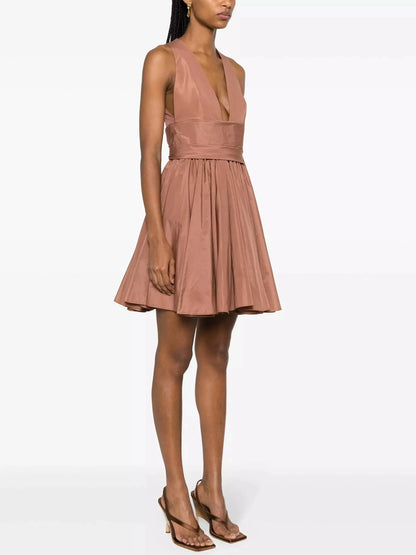 Plunging V-Neck Short Sleeveless Taffeta Dress - Branna Couture