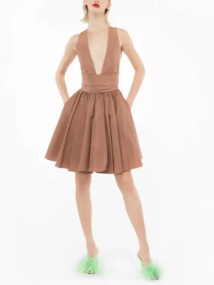 Plunging V-Neck Short Sleeveless Taffeta Dress - Branna Couture