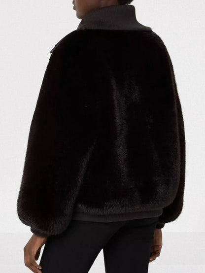 Plush Faux-Fur Zip-Front Jacket in Dark Brown - Jackets