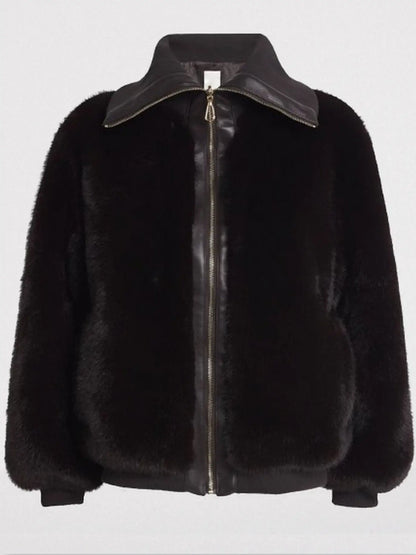 Plush Faux-Fur Zip-Front Jacket in Dark Brown - Jackets