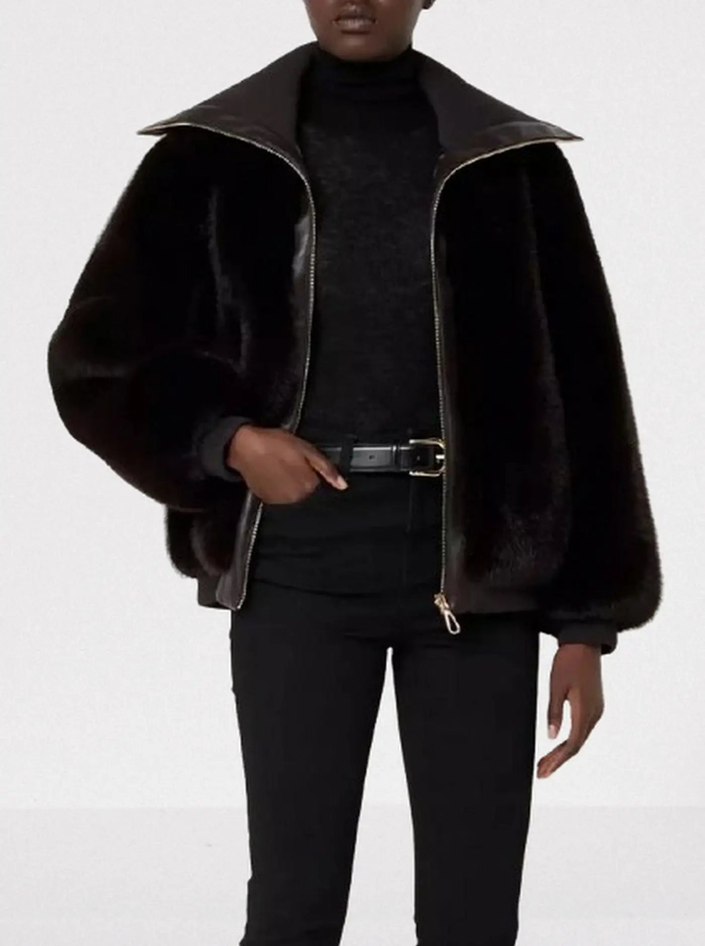 Plush Faux-Fur Zip-Front Jacket in Dark Brown - Jackets