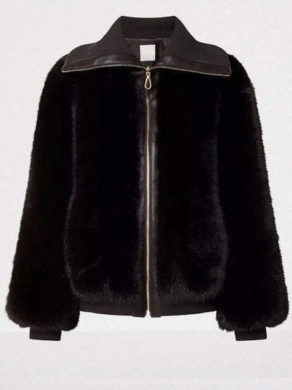 Plush Faux-Fur Zip-Front Jacket in Dark Brown - Jackets