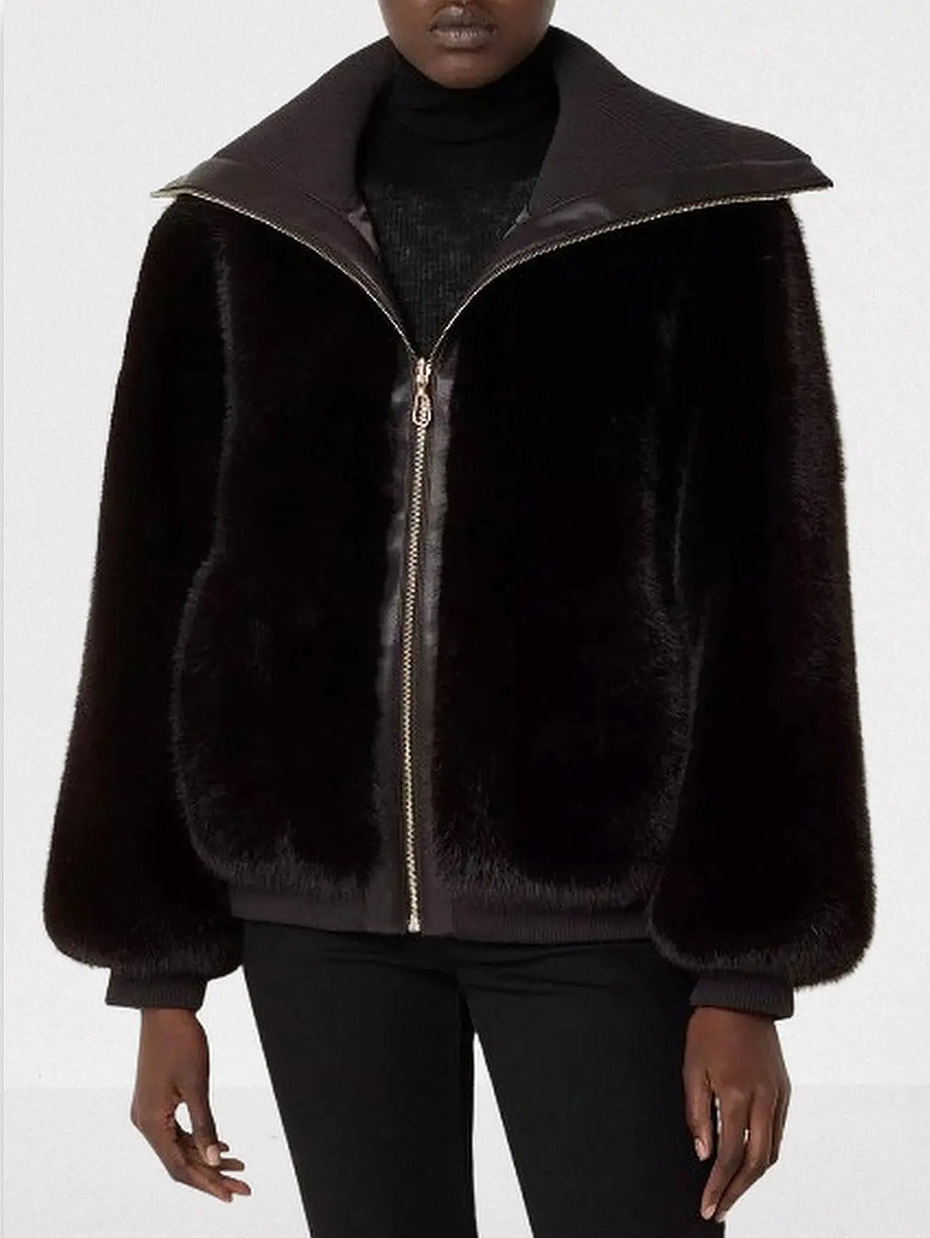 Plush Faux-Fur Zip-Front Jacket in Dark Brown - Jackets