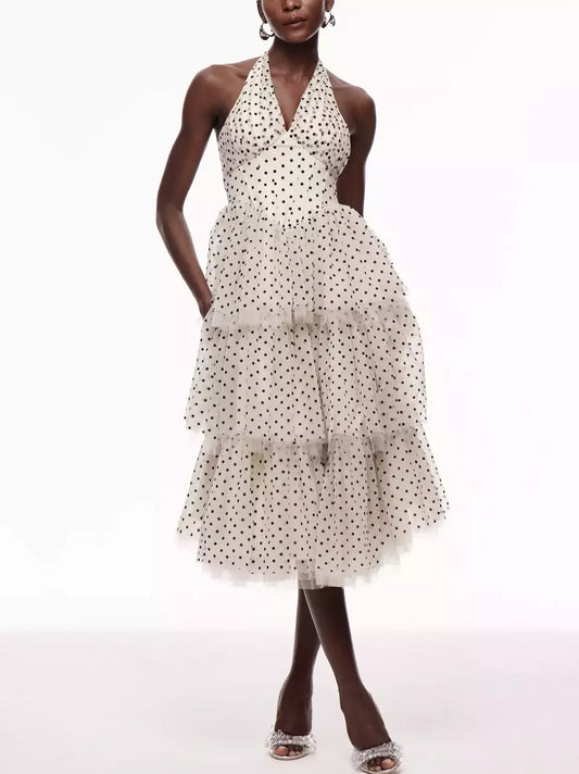 Polka Dot Halterneck Tiered Midi Dress Small Dresses