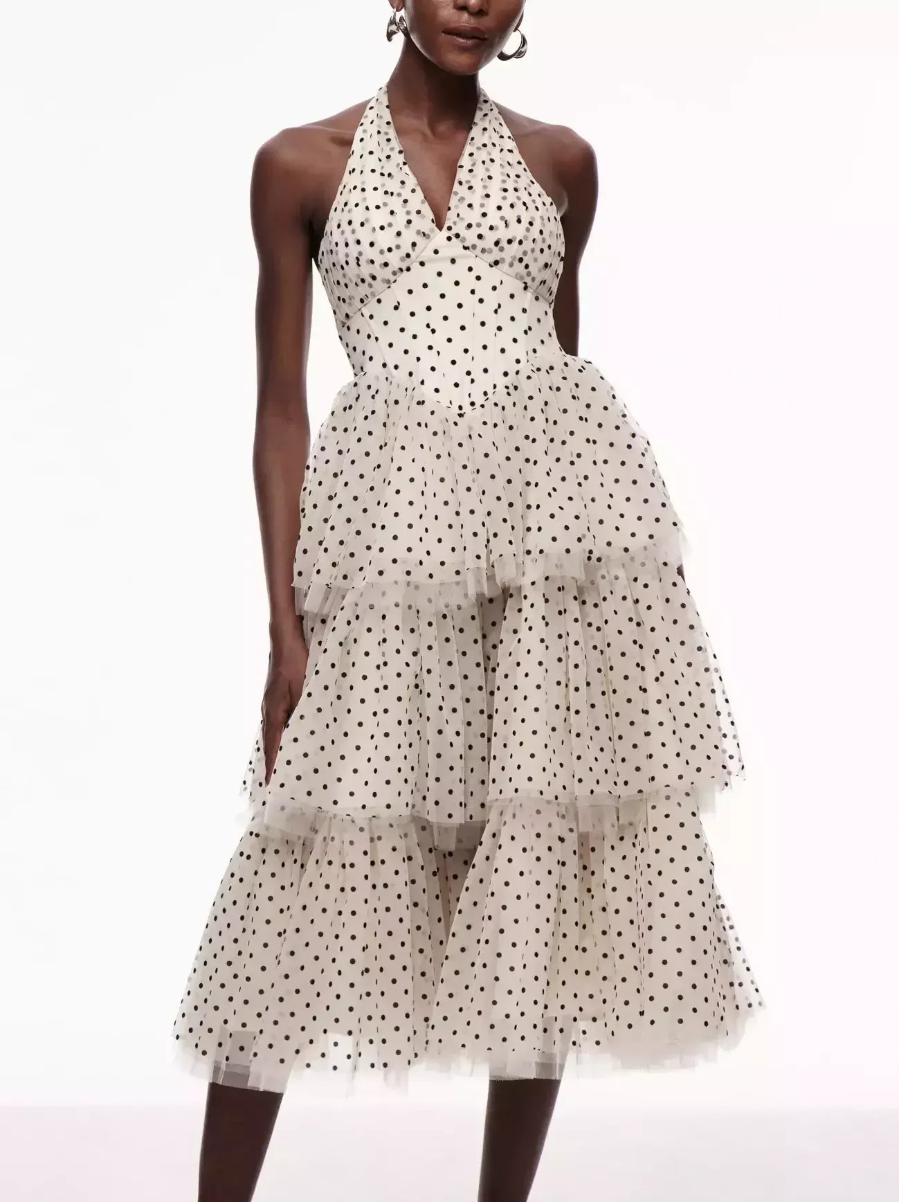 Polka Dot Halterneck Tiered Midi Dress Dresses