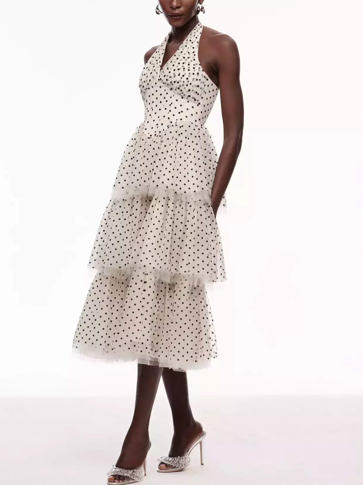 Polka Dot Halterneck Tiered Midi Dress Dresses