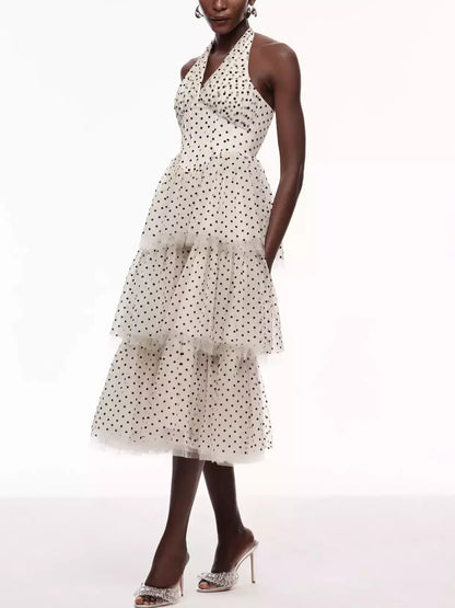Polka Dot Halterneck Tiered Midi Dress Dresses