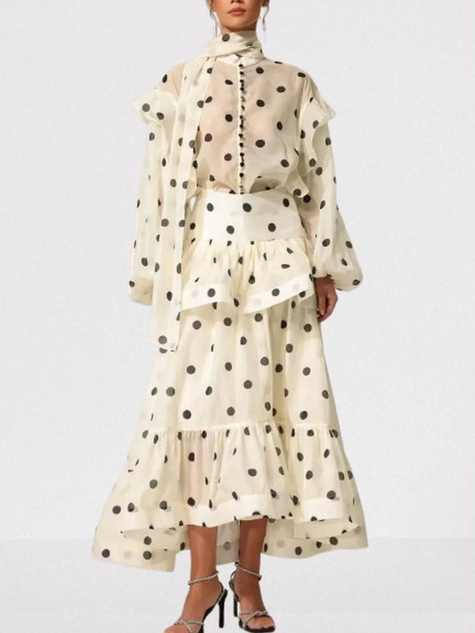 Polka Dot Print Blouse and Skirt Set - S - Suits & Sets