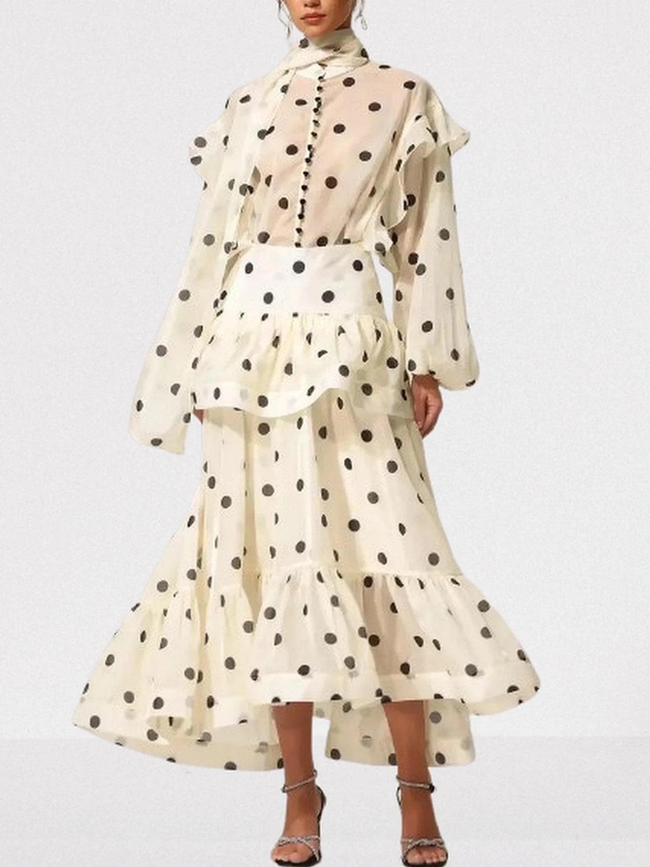 Polka Dot Print Blouse and Skirt Set - Suits & Sets
