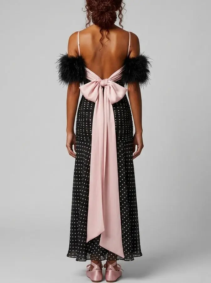 Polka Dot Ruched Maxi Dress with Bow Detail - Dresses