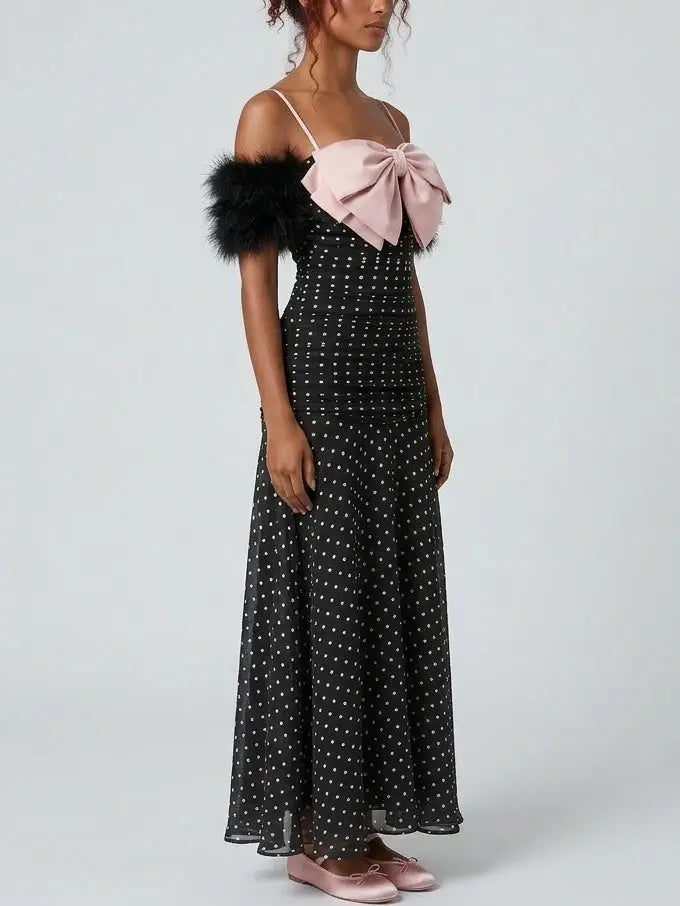 Polka Dot Ruched Maxi Dress with Bow Detail - Dresses