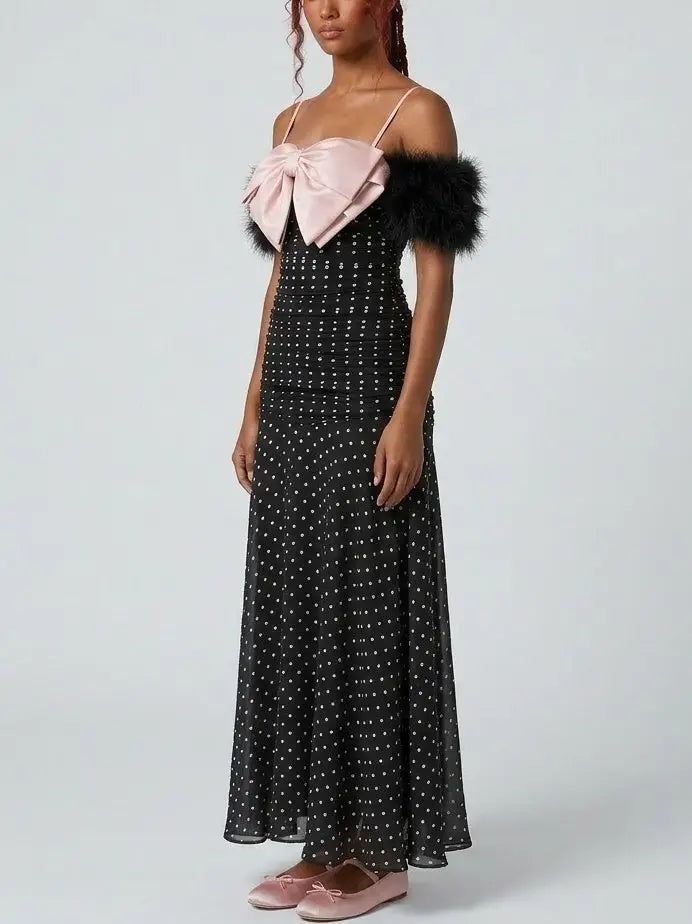 Polka Dot Ruched Maxi Dress with Bow Detail - Dresses