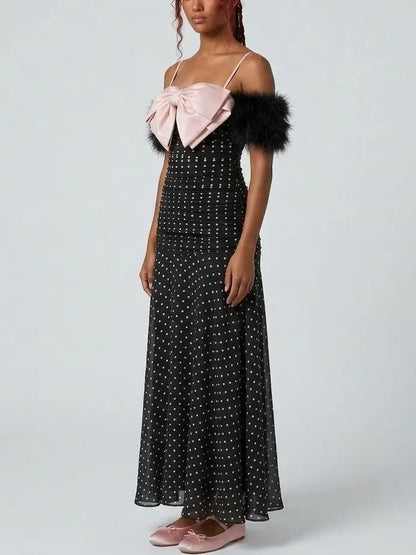 Polka Dot Ruched Maxi Dress with Bow Detail - Dresses