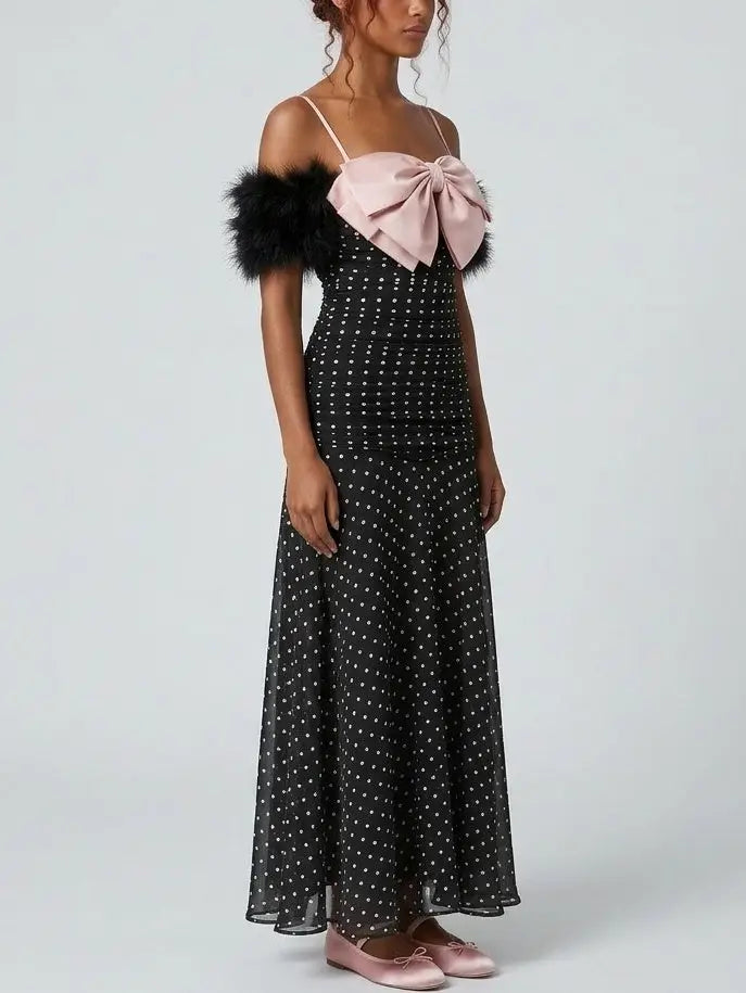Polka Dot Ruched Maxi Dress with Bow Detail - Dresses