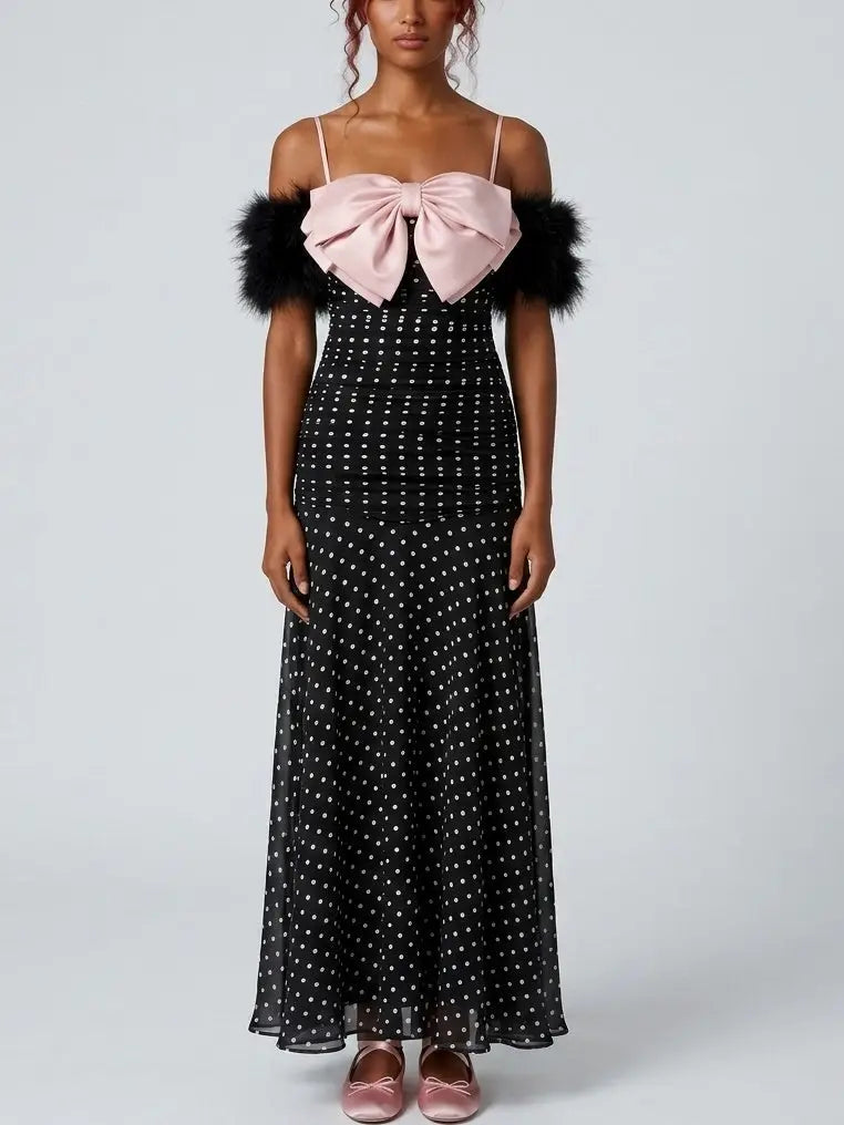 Polka Dot Ruched Maxi Dress with Bow Detail - Dresses