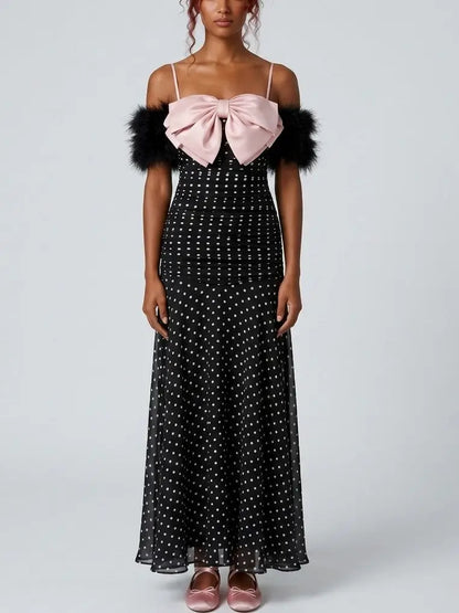 Polka Dot Ruched Maxi Dress with Bow Detail - Dresses