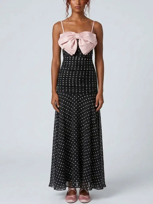 Polka Dot Ruched Maxi Dress with Bow Detail - Dresses