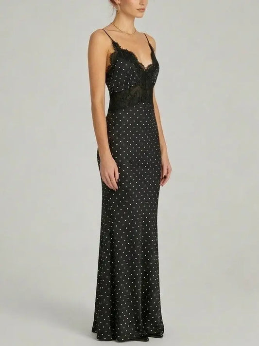 Polka Dot Satin Camisole Maxi Dress with Lace Trim - Dresses