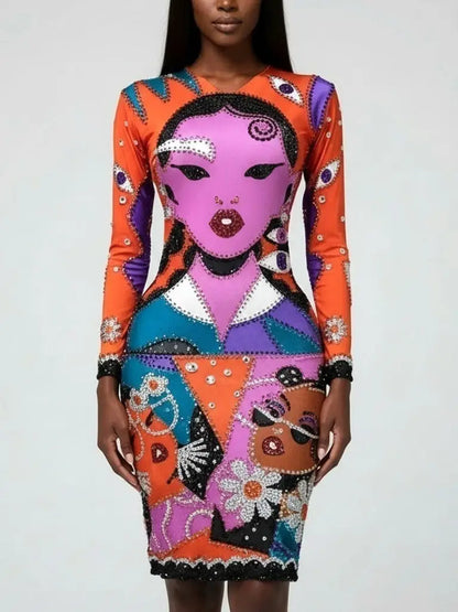 Pop Art Inspired Embellished Bodycon Dress - Dresses