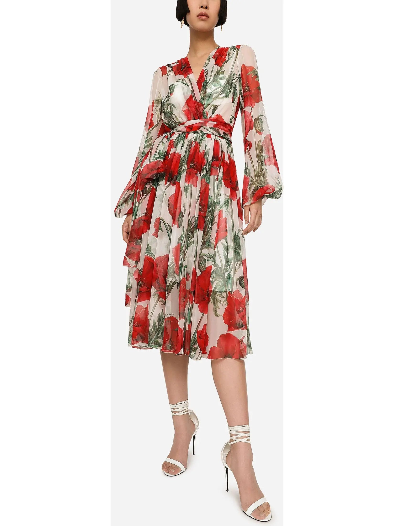 Poppy-Print Chiffon Calf-Length Dress - Branna Couture