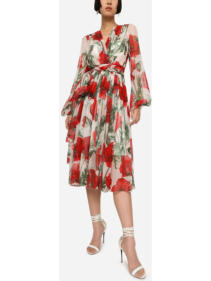 Poppy-Print Chiffon Calf-Length Dress - Branna Couture