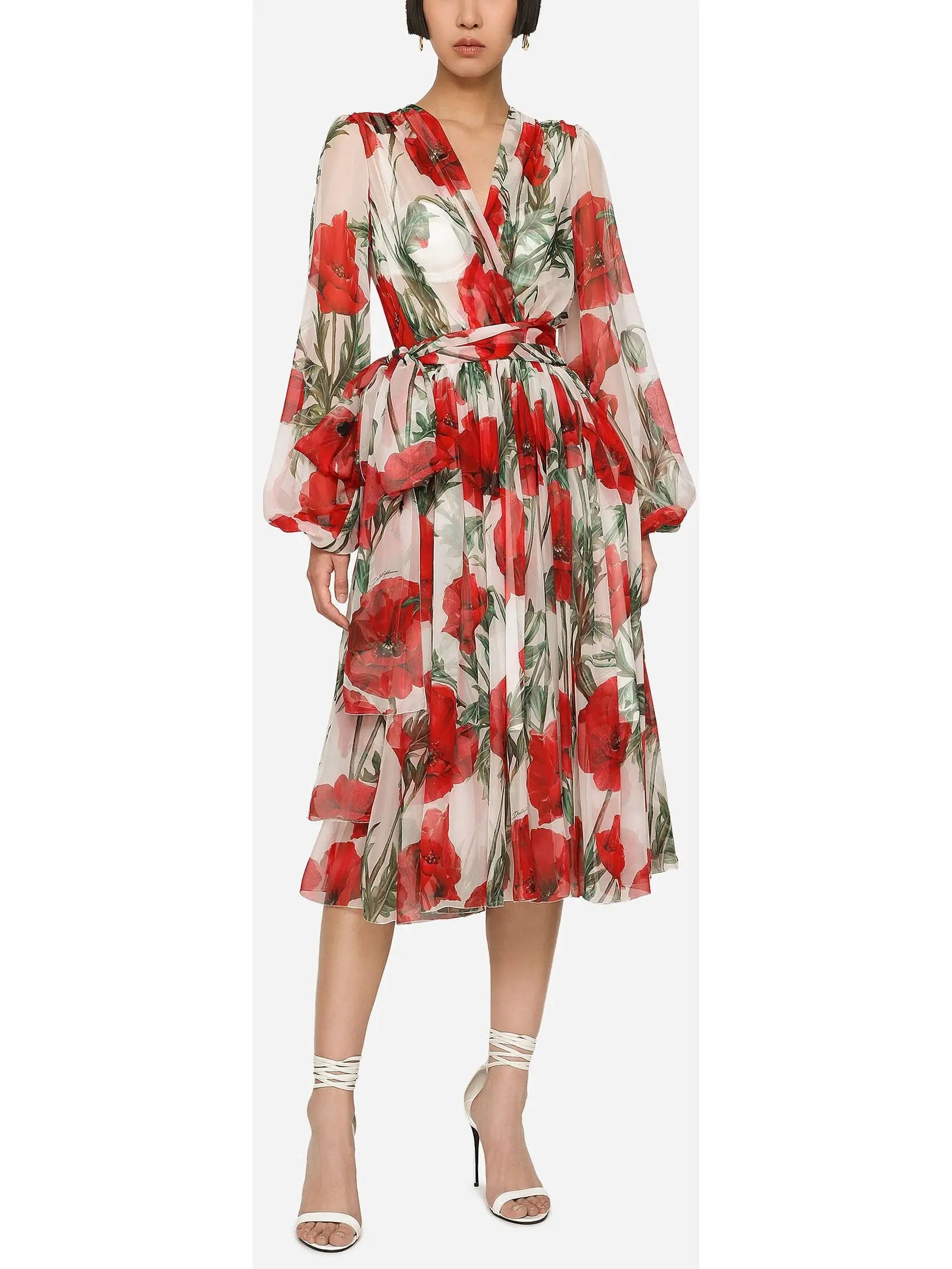 Poppy-Print Chiffon Calf-Length Dress - Branna Couture