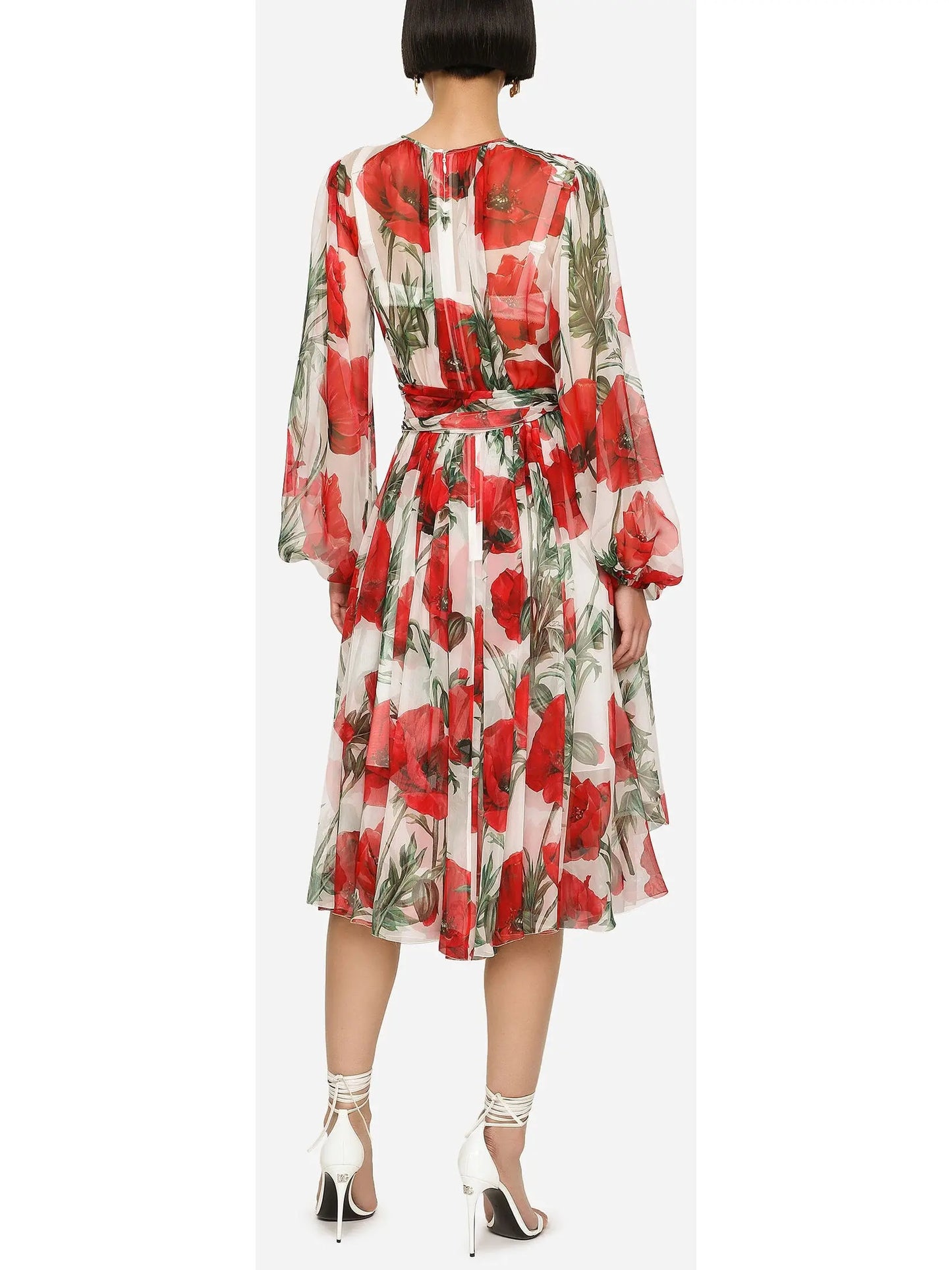 Poppy-Print Chiffon Calf-Length Dress - Branna Couture