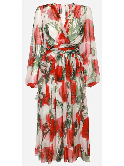 Poppy-Print Chiffon Calf-Length Dress - Branna Couture