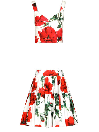 Poppy-Print Corset Top and Mini Skirt Set - Branna Couture