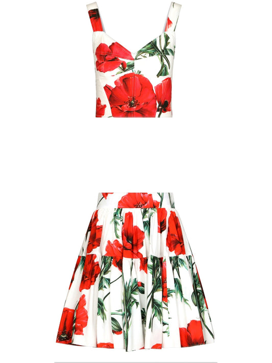 Poppy-Print Corset Top and Mini Skirt Set - Branna Couture