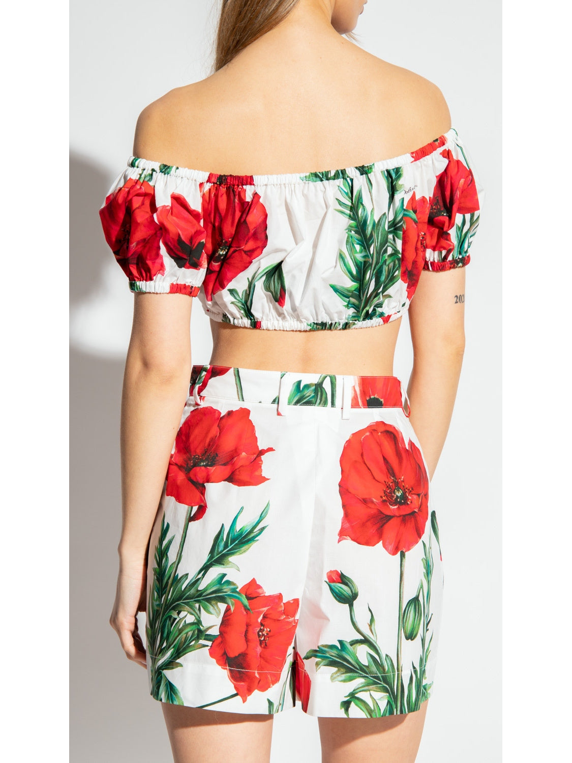 Poppy-Print Off-Shoulder Crop Top and Midi Skirt Set - Branna Couture