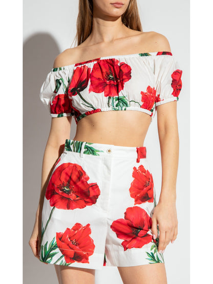 Poppy-Print Off-Shoulder Crop Top and Midi Skirt Set - Branna Couture