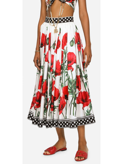 Poppy-Print Off-Shoulder Crop Top and Midi Skirt Set - Branna Couture