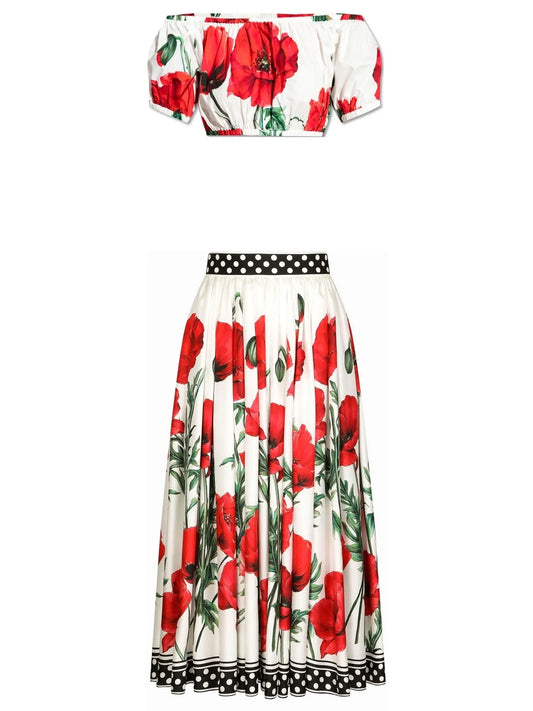 Poppy-Print Off-Shoulder Crop Top and Midi Skirt Set - Branna Couture