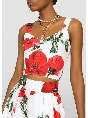 Poppy-Print Poplin Corset Top & Twill Midi Skirt Set - Branna Couture