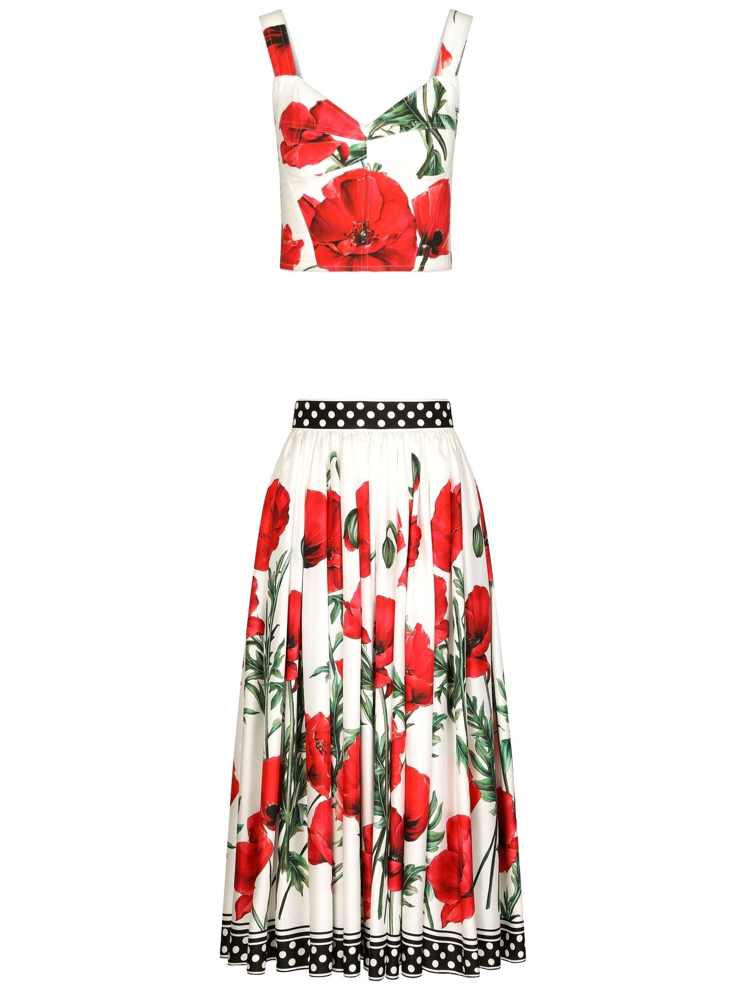 Poppy-Print Poplin Corset Top & Twill Midi Skirt Set - Branna Couture