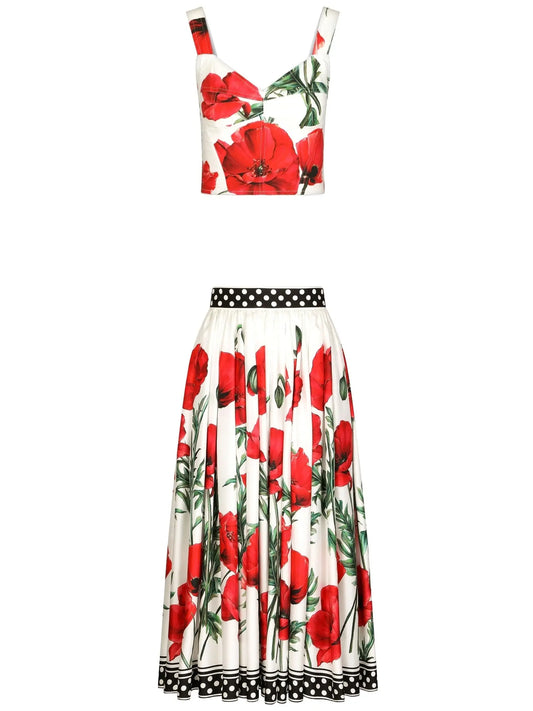 Poppy-Print Poplin Corset Top & Twill Midi Skirt Set - Branna Couture