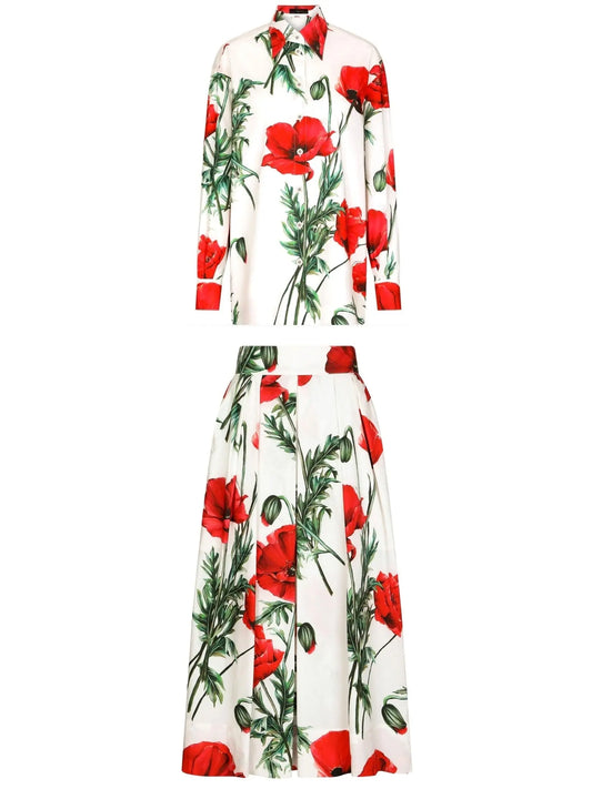 Poppy-Print Poplin Shirt & Midi Skirt Set - Branna Couture