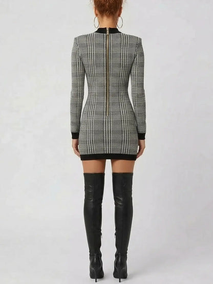 Prince of Wales Check Long Sleeve Mini Dress - Dresses