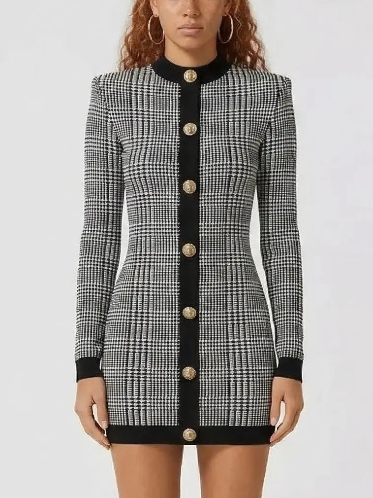Prince of Wales Check Long Sleeve Mini Dress - Dresses