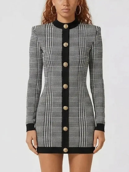 Prince of Wales Check Long Sleeve Mini Dress - Dresses