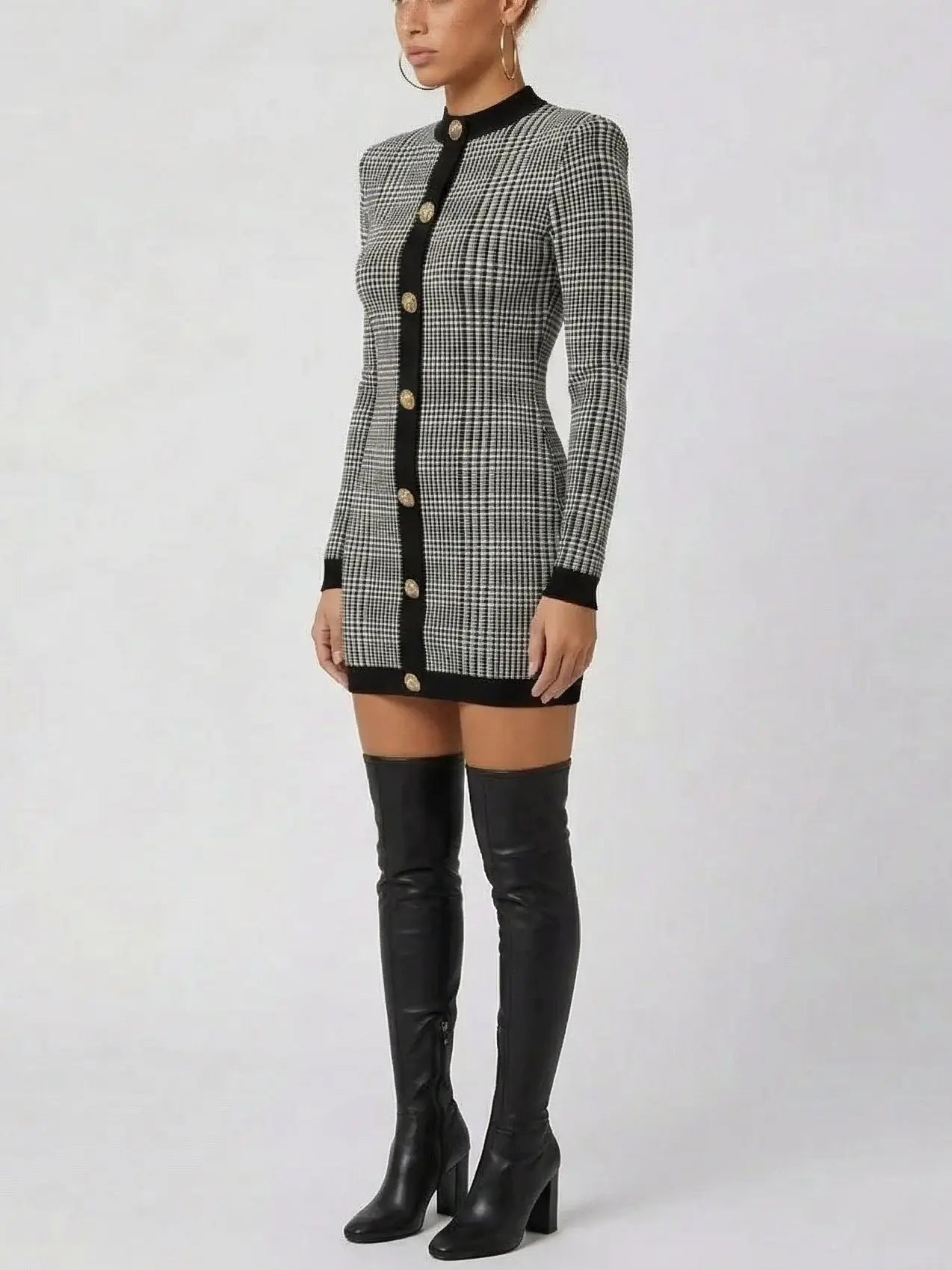 Prince of Wales Check Long Sleeve Mini Dress - Dresses