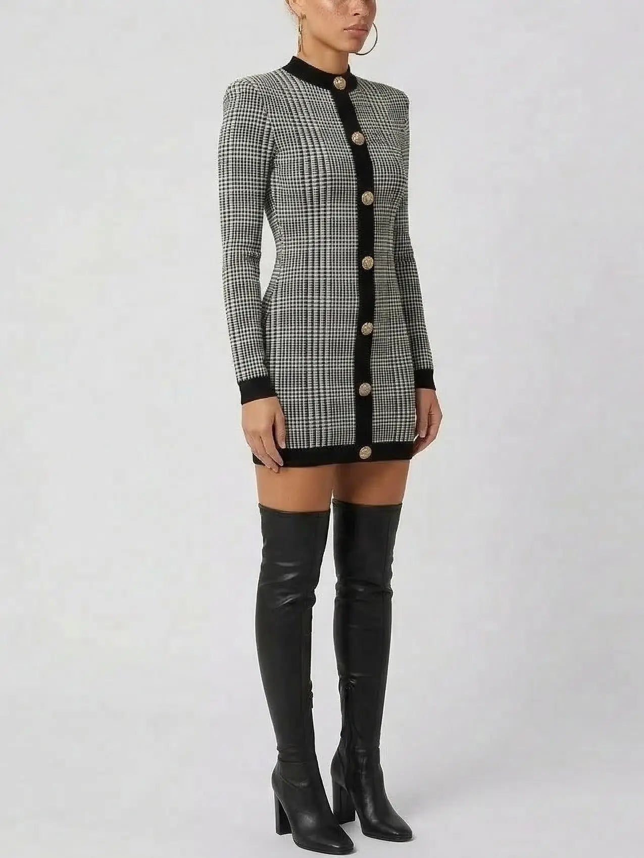 Prince of Wales Check Long Sleeve Mini Dress - Dresses