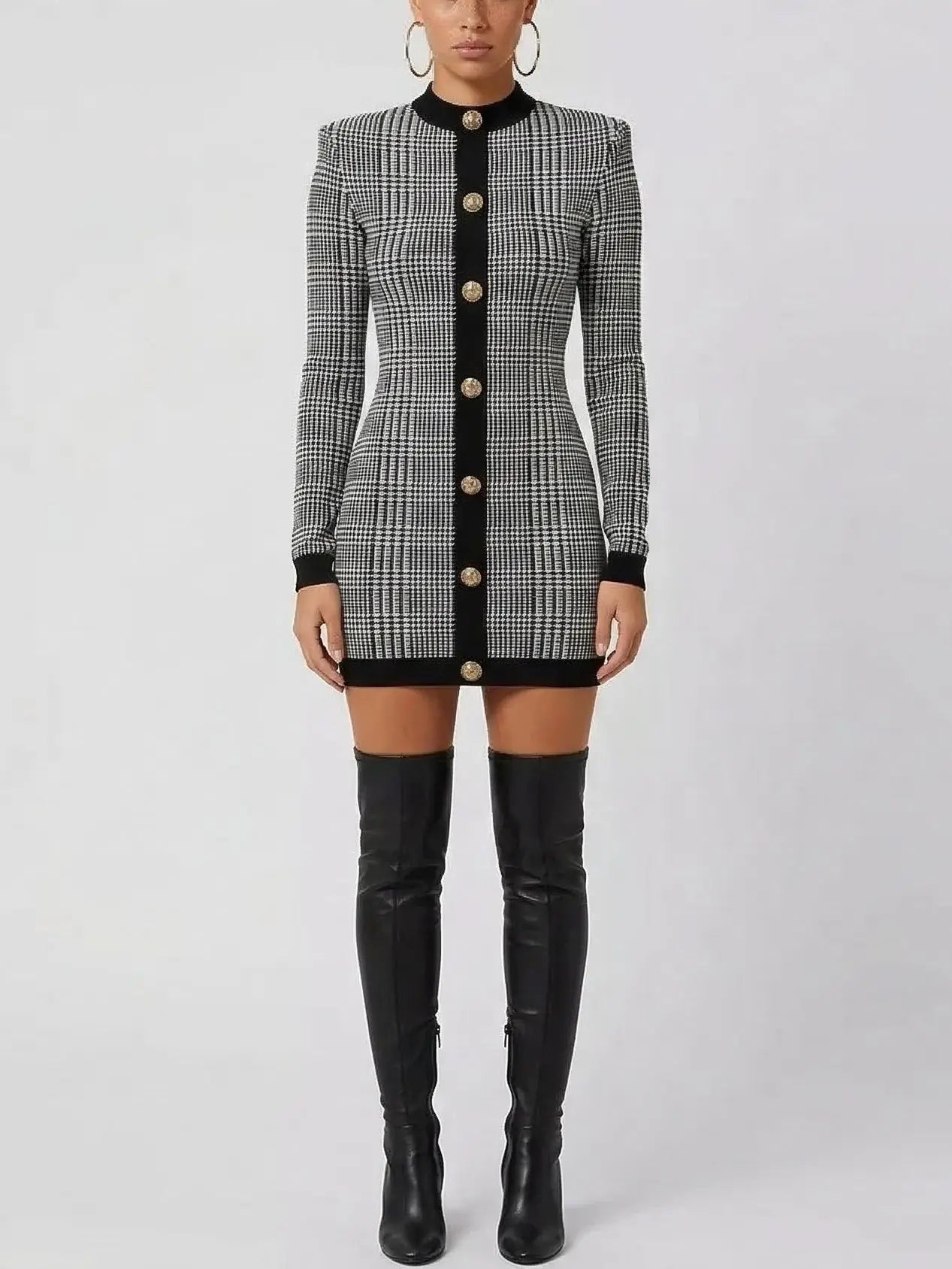 Prince of Wales Check Long Sleeve Mini Dress - Dresses